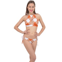 Orange And White Diagonal Plaids Cross Front Halter Bikini Set by ConteMonfrey
