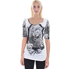 Drawing Angry Male Lion Roar Animal Wide Neckline Tee