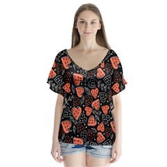 Seamless-vector-pattern-with-watermelons-hearts-mint V-neck Flutter Sleeve Top by Wegoenart