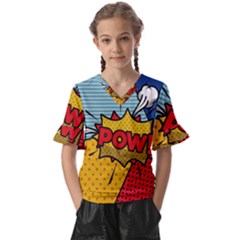 Pow Word Pop Art Style Expression Vector Kids  V-neck Horn Sleeve Blouse by Wegoenart