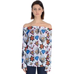 Full Color Flash Tattoo Patterns Off Shoulder Long Sleeve Top by Wegoenart