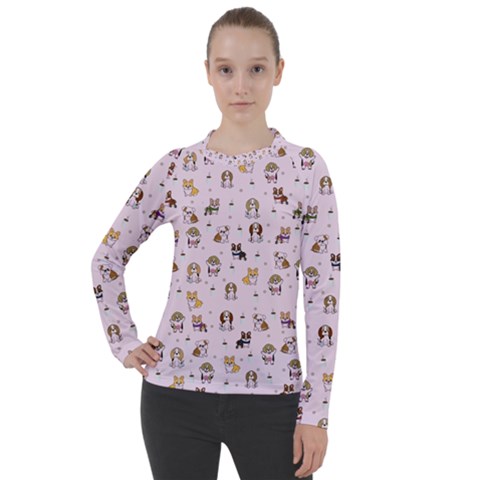 Puppies Dog Pattern Drawing Women s Pique Long Sleeve Tee by Wegoenart