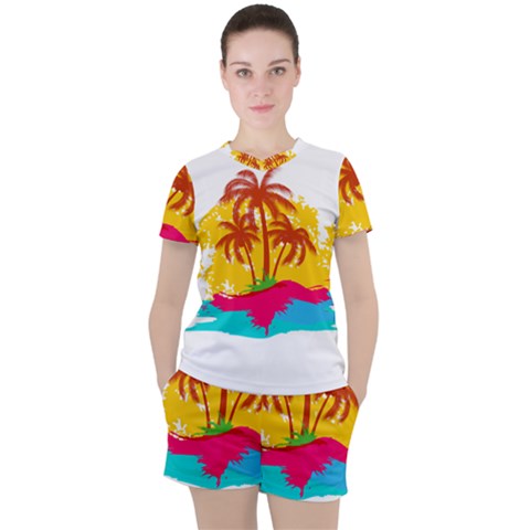 Holiday Tropical Elements Leaf Orange Women s Tee And Shorts Set by Jancukart