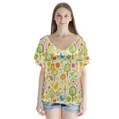 Nature Doodle Art Trees Birds Owl Children Pattern Multi Colored V-neck Flutter Sleeve Top