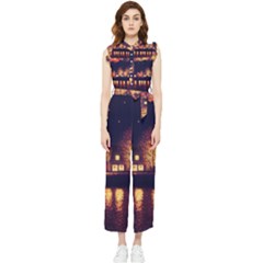 Night Houses River Bokeh Leaves Fall Autumn Women s Frill Top Chiffon Jumpsuit