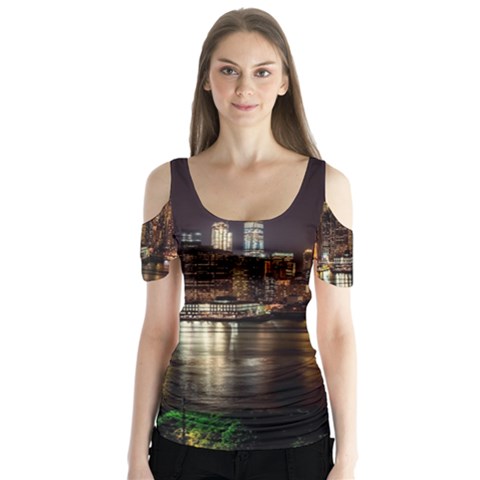 New York City Panorama Urban Hudson River Water Butterfly Sleeve Cutout Tee  by danenraven