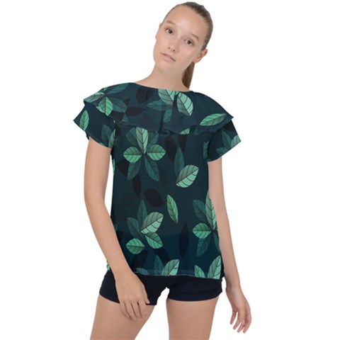 Leaves Pattern Ruffle Collar Chiffon Blouse by artworkshop