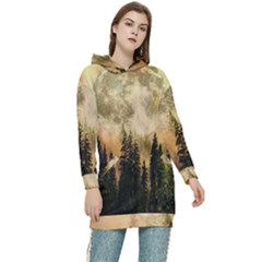 Moon Nature Forest Pine Trees Sky Full Moon Night Women s Long Oversized Pullover Hoodie by danenraven