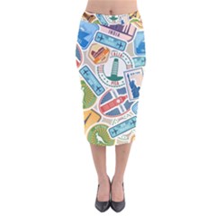 Travel Pattern Immigration Stamps Stickers With Historical Cultural Objects Travelling Visa Immigran Velvet Midi Pencil Skirt