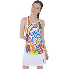 Colorful City Life Horizontal Seamless Pattern Urban City Racer Back Mesh Tank Top by Pakemis