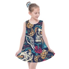 Vintage Art Tattoos Colorful Seamless Pattern Kids  Summer Dress by Pakemis