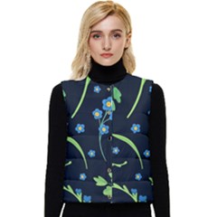 Abstract Wild Flower Dark Blue Background Blue Flowers Blossoms Flat Retro Seamless Pattern Daisy Women s Short Button Up Puffer Vest by Pakemis