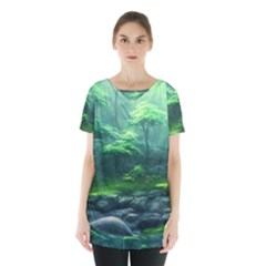 River Forest Woods Nature Rocks Japan Fantasy Skirt Hem Sports Top by Uceng