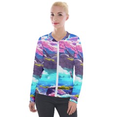 Fantasy Japan Mountains Cherry Blossoms Nature Velvet Zip Up Jacket