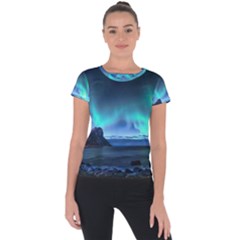 Green Aurora Lights-over Rocky Shore During Night Time Short Sleeve Sports Top  by danenraven