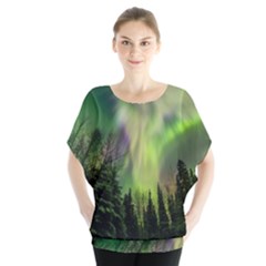 Aurora Borealis In Sky Over Forest Batwing Chiffon Blouse