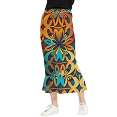 Orange, Turquoise And Blue Pattern  Maxi Fishtail Chiffon Skirt