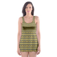 Golden Striped Decorative Pattern Skater Dress Swimsuit