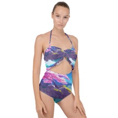 Fantasy Japan Mountains Cherry Blossoms Nature Scallop Top Cut Out Swimsuit