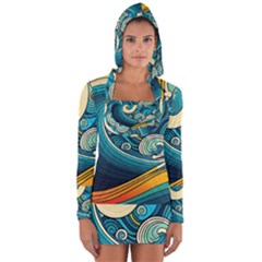 Waves Wave Ocean Sea Abstract Whimsical Long Sleeve Hooded T-shirt