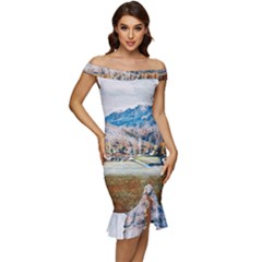Trentino Alto Adige, Italy  Off Shoulder Ruffle Split Hem Bodycon Dress by ConteMonfrey