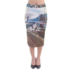 Boats On Gardasee, Italy  Velvet Midi Pencil Skirt by ConteMonfrey