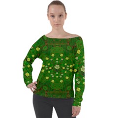 Lotus Bloom In Gold And A Green Peaceful Surrounding Environment Off Shoulder Long Sleeve Velour Top by pepitasart
