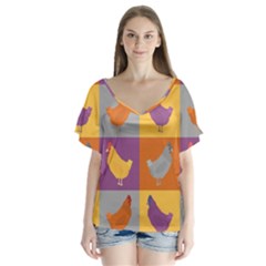 Chickens Pixel Pattern - Version 1a V-neck Flutter Sleeve Top by wagnerps