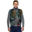 A Santa Claus Standing In Front Of A Dragon Low Men s Short Button Up Puffer Vest	 View1