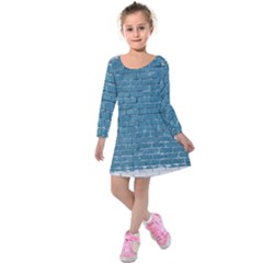 White And Blue Brick Wall Kids  Long Sleeve Velvet Dress by artworkshop
