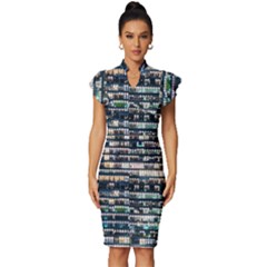 Texture Pattern Vintage Frill Sleeve V-neck Bodycon Dress by artworkshop