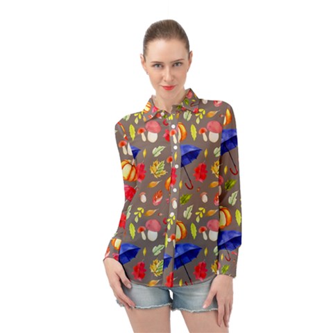 Autumn Seamless Background Leaves Long Sleeve Chiffon Shirt by Jancukart