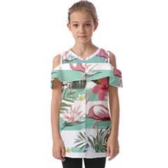 Flamingos T- Shirt Flamingos Tropical Pattern T- Shirt Fold Over Open Sleeve Top