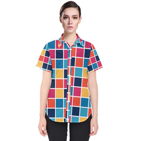 Square Plaid Checkered Pattern Women s Short Sleeve Shirt by Ravend