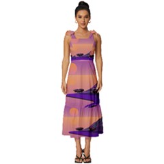 Sunset Sea Ocean Purple Pink Flowers Stone Tie-strap Tiered Midi Chiffon Dress by Jancukart