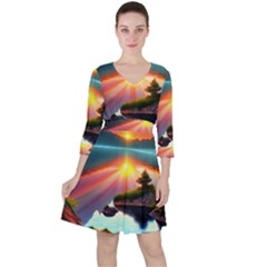 Sunset Over A Lake Quarter Sleeve Ruffle Waist Dress by GardenOfOphir