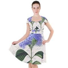 Blue Hydrangea Flower Painting Vintage Shabby Chic Dragonflies Cap Sleeve Midi Dress by danenraven