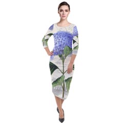 Blue Hydrangea Flower Painting Vintage Shabby Chic Dragonflies Quarter Sleeve Midi Velour Bodycon Dress by danenraven