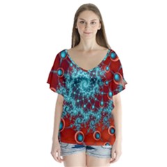 Fractal Pattern Background V-neck Flutter Sleeve Top by Uceng
