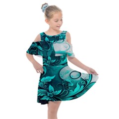 Turquoise Flower Background Kids  Shoulder Cutout Chiffon Dress by artworkshop