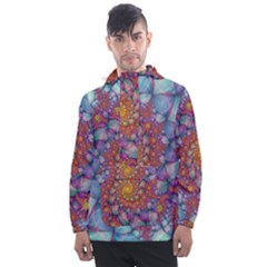 Fractals Abstract Art Cyan Spiral Vortex Pattern Men s Front Pocket Pullover Windbreaker by Ravend