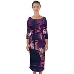 Ship Pirate Adventure Landscape Ocean Sun Heaven Quarter Sleeve Midi Bodycon Dress