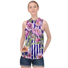 Classy And Chic Watercolor Flowers High Neck Satin Top by GardenOfOphir