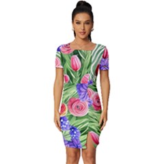 Exquisite Watercolor Flowers Fitted Knot Split End Bodycon Dress by GardenOfOphir