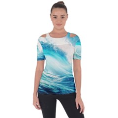 Tsunami Waves Ocean Sea Nautical Nature Water Nature Shoulder Cut Out Short Sleeve Top by Ravend