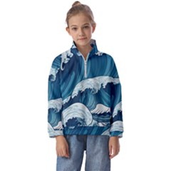 Waves Ocean Sea Pattern Water Tsunami Rough Seas Kids  Half Zip Hoodie by Ravend