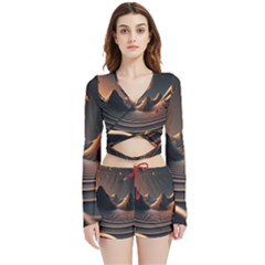 Ai Generated Swirl Space Design Fractal Light Art Velvet Wrap Crop Top And Shorts Set by Ravend