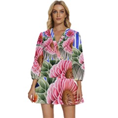Choice Watercolor Flowers V-neck Placket Mini Dress by GardenOfOphir