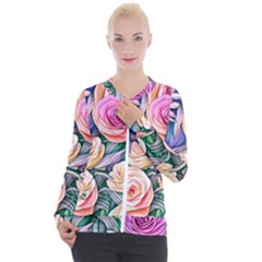 County Charm – Watercolor Flowers Botanical Casual Zip Up Jacket by GardenOfOphir