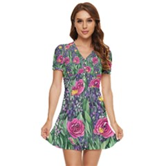 Dazzling Watercolor Flowers And Foliage V-neck High Waist Chiffon Mini Dress by GardenOfOphir